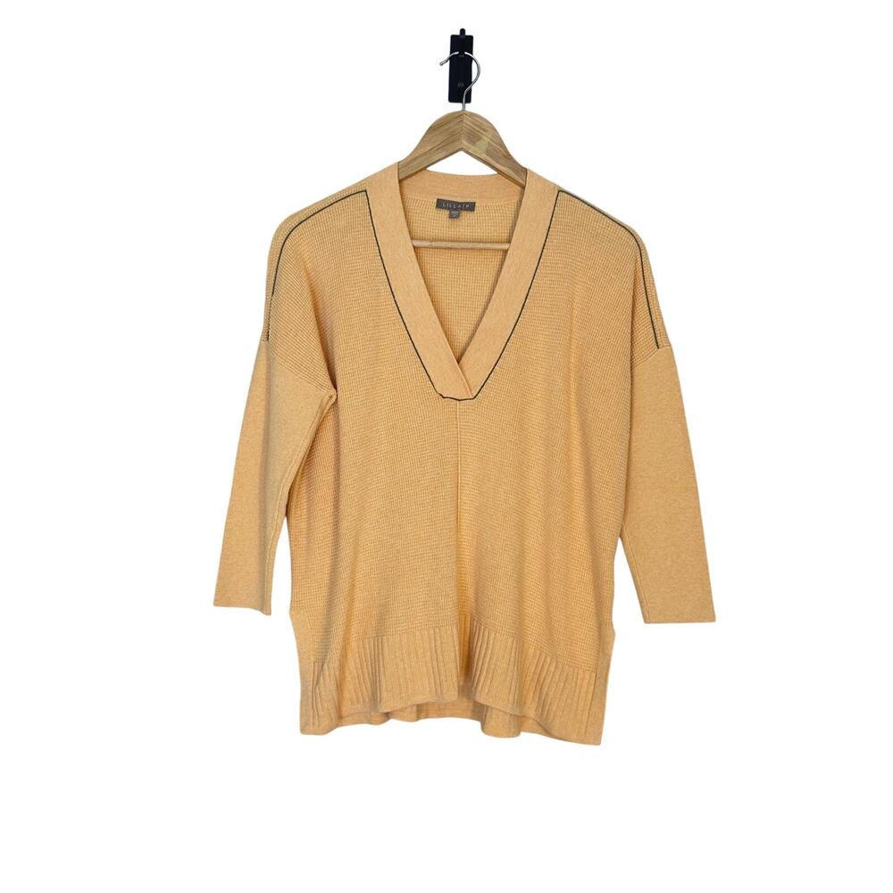 Lilla P Buttery Yellow Lightweight V Neck Waffle Knit Sweater Top, Casual Med